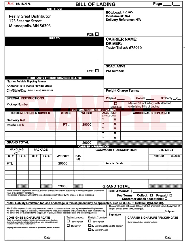An example blind BOL for shippers